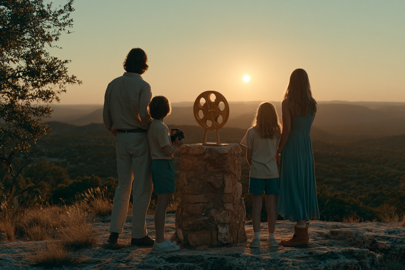 Family standing at sunset with a film reel in the Texas hill country